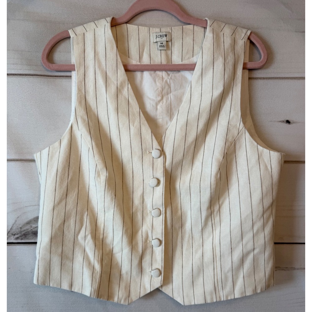 J.Crew Linen Cotton Pinstripe Vest Cream Brown Button Front CI314 Womens 14